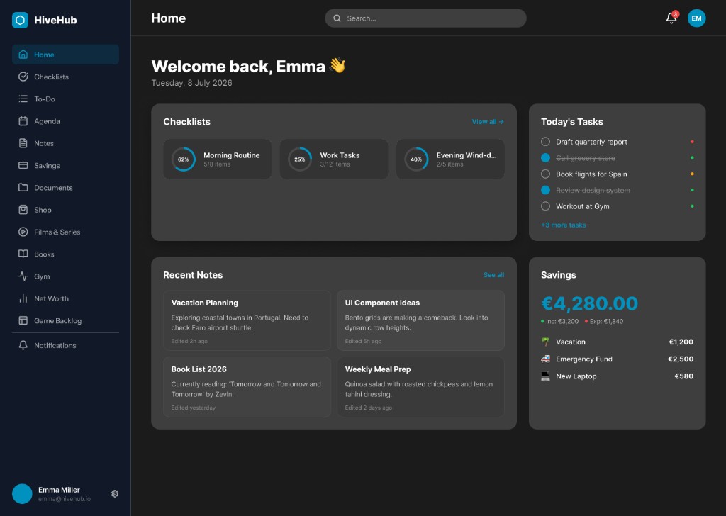 HiveHub dashboard: checklists, taken, notes en spaardoelen